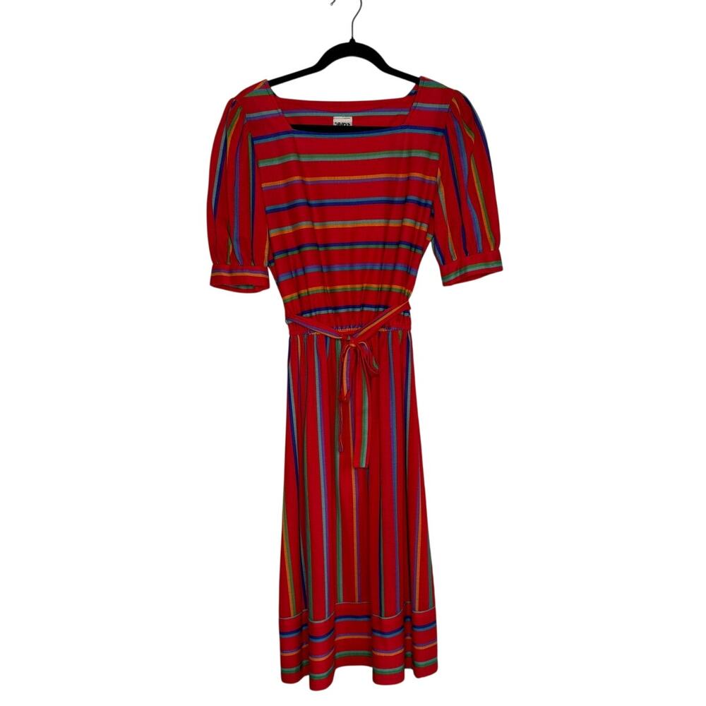 Vintage 80s Striped Belted Red Midi Dress Size 11/12